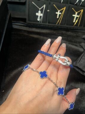 Blue Cord Bracelet with Pavé Silver Clasp